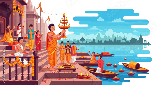 Hindu priest and devotees performing the Ganga Aarti ceremony on sacred river ghats.