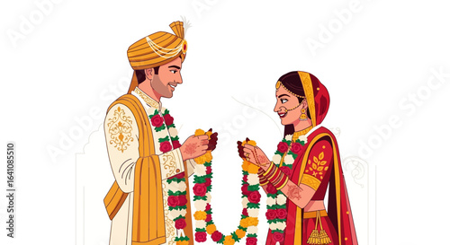 Illustrated Indian bride and groom in traditional attire exchanging flower garlands at their wedding.