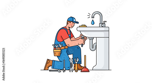 Illustrated male plumber in blue overalls and cap, kneeling to fix a white sink with a wrench and various tools.