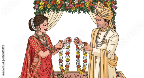 Illustrated Indian couple in traditional attire exchanging varmala flower garlands.