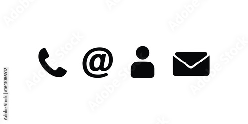 Contact Icons Set – Phone, Email, At Symbol, and User Profile in Solid Black Silhouette.

