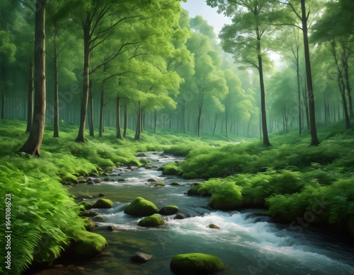 Tranquil Stream Flowing Through a Vibrant Green Forest in Summer