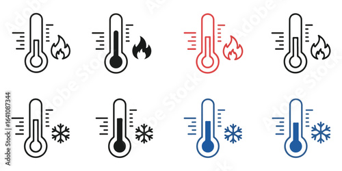 Thermometer Hot and Cold Temperature Icons Set – Heating and Cooling Symbols in Flat Line Style.