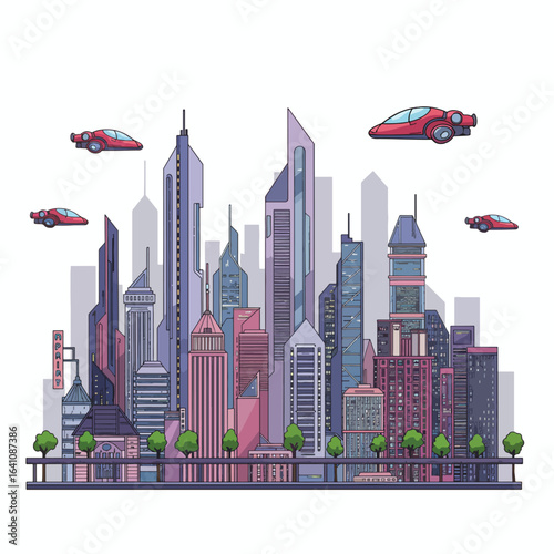 Science fiction cityscape with towering skyscrapers and advanced flying cars. Vector illustration of a futuristic metropolis.