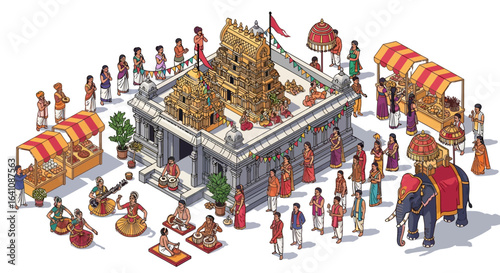 Isometric illustration of a bustling South Indian temple festival with devotees, dancers, and market stalls.