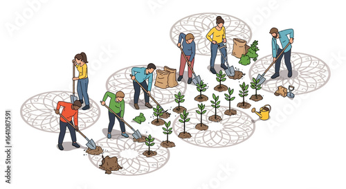 Isometric illustration of a diverse community planting young trees together on decorative patterned ground.