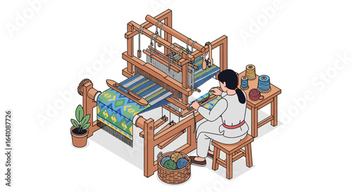 Isometric illustration of a female artisan weaving a colorful geometric textile on a traditional wooden handloom.