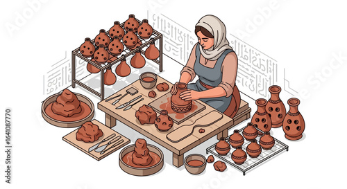 Isometric illustration of a female potter in a headscarf crafting terracotta vases and ocarinas in her workshop.