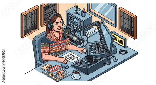Isometric illustration of a smiling female radio host broadcasting live from her studio desk with professional equipment.