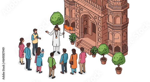 Isometric illustration of a tour guide with a flag leading a group of tourists at an ornate Indian historical building.