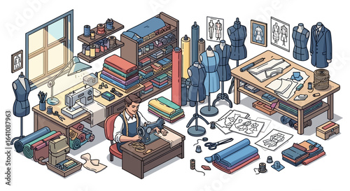 Isometric illustration of a tailor's workshop with a seamster sewing, surrounded by mannequins and fabric.