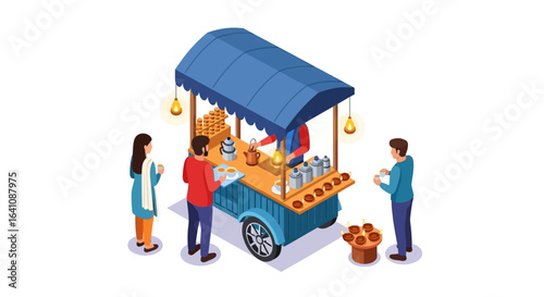 Isometric illustration of a vibrant street tea stall with customers
