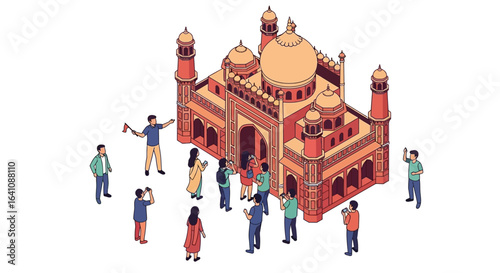 Isometric Illustration of Tourists Visiting an Ornate Red and Gold Monument