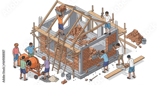 Isometric illustration of workers building a brick house, laying bricks, framing roof, with scaffolding.
