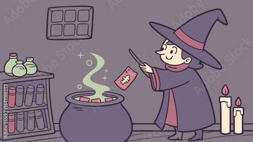 A young witch in a hat and robe stirring a potion in a cauldron with a wand in a dimly lit room