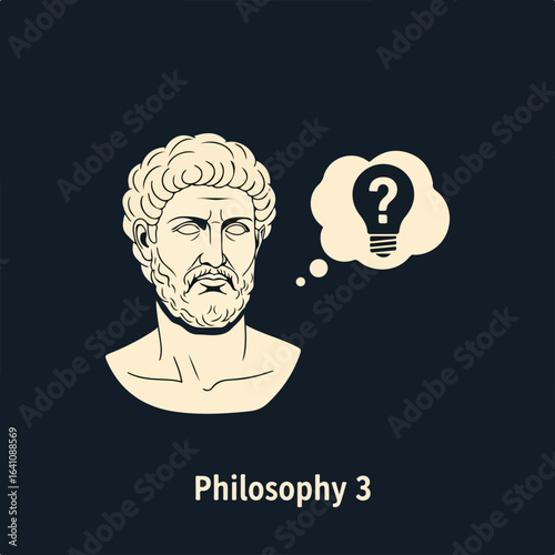 Philosophical Inquiry Illustration Depicting Ancient Thinker with Question Lightbulb in Thought Bubble Exploring Knowledge and Wisdom