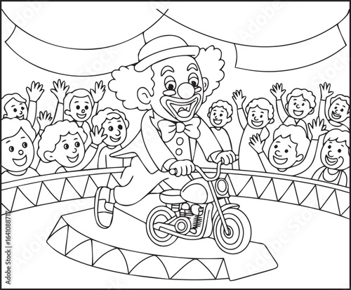Circus clown showing funny circus black line art vector illustration coloring page for kids