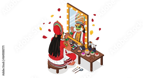 Kathakali Performer Applying Elaborate Makeup Before Performance
