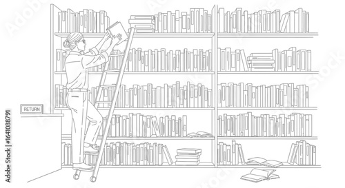 Librarian with glasses on a rolling ladder carefully shelving a book in a library line art illustration.