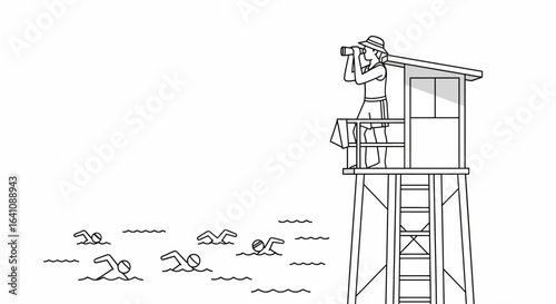 Lifeguard on Duty Scanning the Water with Binoculars at a Busy Beach