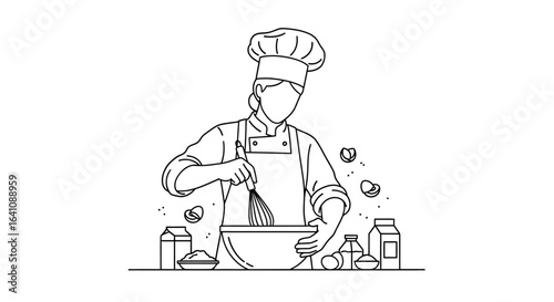 Line art chef in uniform and hat, actively whisking ingredients in a bowl, minimalist cooking illustration.