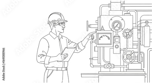 Line Art: Engineer Inspecting Industrial Machine with Gauges and Valves