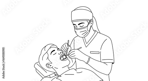 Line art illustration of a female dentist in a mask and scrubs examining a male patient's open mouth with dental tools.