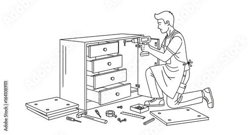 Line art illustration of a man in an apron kneeling to assemble a wooden cabinet with a power drill and tools.