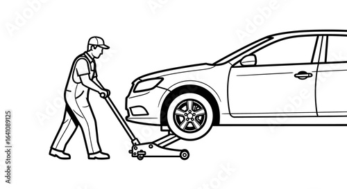Line art illustration of a mechanic in overalls using a floor jack to lift a modern car for repair.