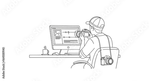 Line art illustration of a photographer from behind, holding a camera and working on a computer at a desk.