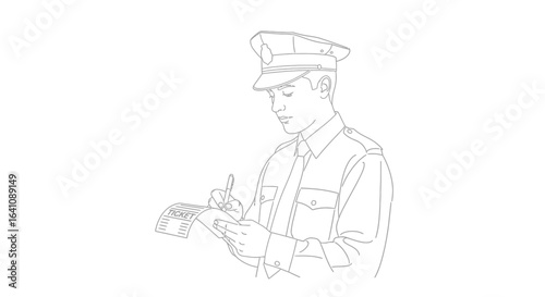 Line art illustration of a police officer in uniform writing a traffic ticket.