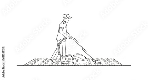 Line art illustration of a professional cleaner in uniform using a canister vacuum cleaner on a patterned rug.