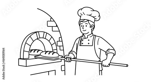 Line art illustration of a smiling baker in a toque using a peel to bake bread in a brick oven.