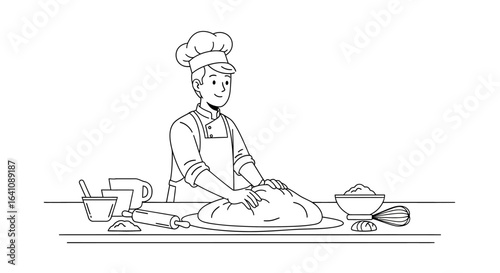 Line art illustration of a smiling male chef in uniform kneading dough on a kitchen counter.