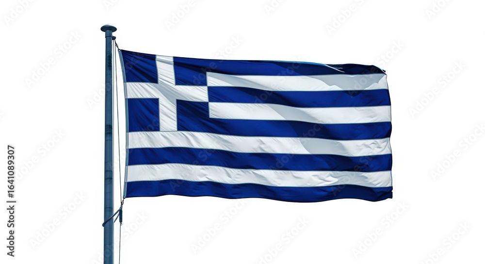 Obraz premium Greek Flag Flying Proudly Against White Background, Symbolizing Patriotism and National Identity