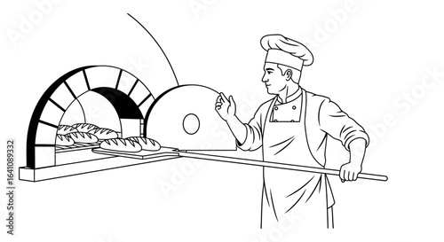 Line art of a professional baker in a toque placing fresh bread into a traditional brick oven with a peel.