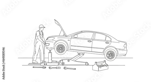 Line art of a mechanic in overalls lifting a sedan with an open hood using a floor jack, with tools nearby.