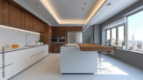 Bright, modern kitchen with contrasting wood cabinets and city view from large windows