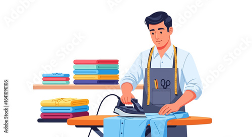 Man ironing a blue shirt with stacks of folded clothes nearby