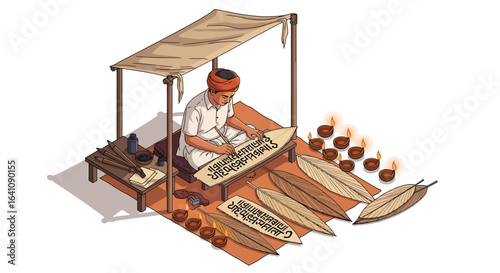 Man meticulously inscribing ancient script onto palm leaves under a canopy