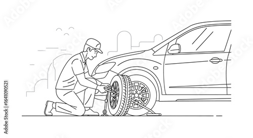 Mechanic kneeling, changing a car tire with a jack and wrench