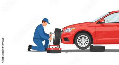 Mechanic Kneeling, Changing Car Tire, Blue Uniform, Focused Expression