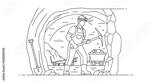 Miner with Pickaxe Working in Cave, Extracting Ore with Mining Cart