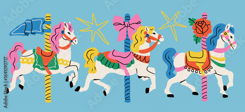 Carousel horses set. Cute bright colorful merry go round horses. Retro vintage carousel style. Hand drawn modern Vector illustration. Isolated design elements. Print, logo, sticker templates