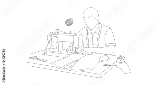 Minimalist line art of a faceless tailor working at a sewing machine with a measuring tape around his neck.