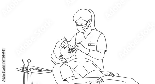 Minimalist line art of a female dentist with a mask examining a male patient's teeth in a dental chair.