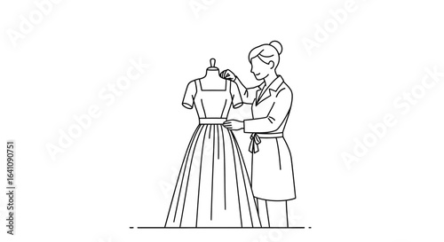 Minimalist line art of a female fashion designer carefully fitting a dress on a mannequin.