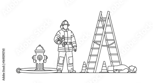 Minimalist line art of a firefighter at an emergency scene with a victim, ladder, and fire hydrant.