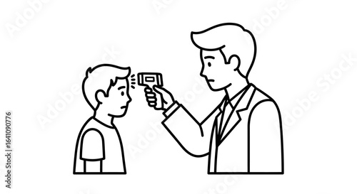 Minimalist line art of a man in a coat using a non-contact infrared thermometer to check a boy's temperature.