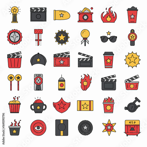 A collection of stylized icons representing film and entertainment, featuring awards, clapperboards, popcorn, and star motifs.